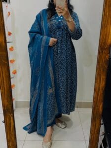 Midnight Teal Printed Anarkali Set with Dupatta
