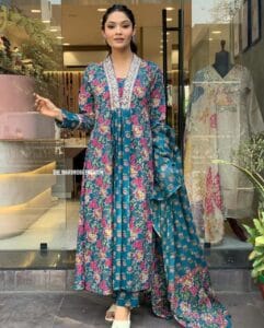 Teal Blue Embroidery Cotton Blended Kurta Set