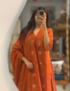 Women’s Rust Orange Floral Embroidered Kurta Pant Dupatta Set