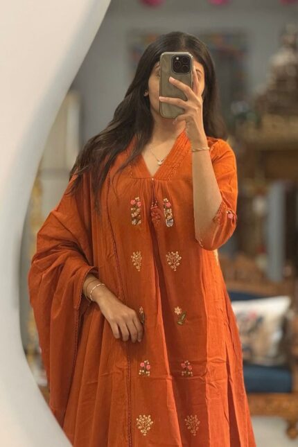 Women's Rust Orange Floral Embroidered Kurta Pant Dupatta Set