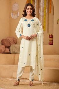 Women’s Cream Floral Embroidered Kurta Pant Dupatta Set