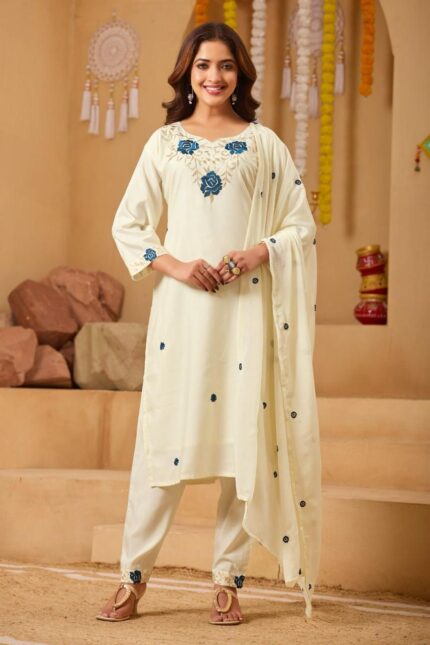 Women's Cream Floral Embroidered Kurta Pant Dupatta Set