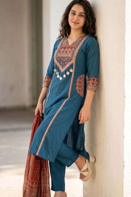 Royal Blue Ethnic Kurta Pant Set with Dupatta