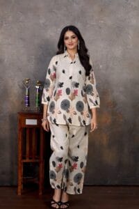 White Floral Cotto A-Line Kurti With Ankle-Length Palazzo Pant  Co-Ord Set  for Women