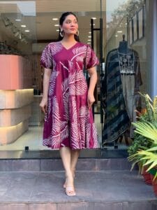 Maroon Leaf Print Flared Midi Dress