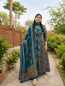 Royal Teal Floral Anarkali Kurta Set with Dupatta