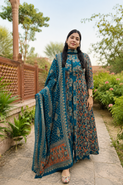 Royal Teal Floral Anarkali Kurta Set with Dupatta