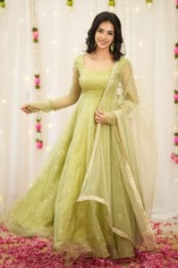 Women’s Pista Green Festive Wear Anarkali Dress With Dupatta