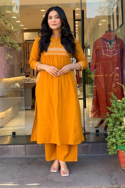 Mustard Grace Embroidered Anarkali Kurta Pant Set