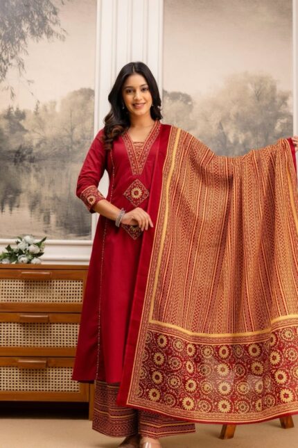 Royal Maroon Ethnic Kurta Set with Printed Dupatta