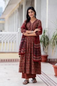 Red Pure Cotton Kalamkari Print Anarkali Kurta And Palazzo With Dupatta Set for Women
