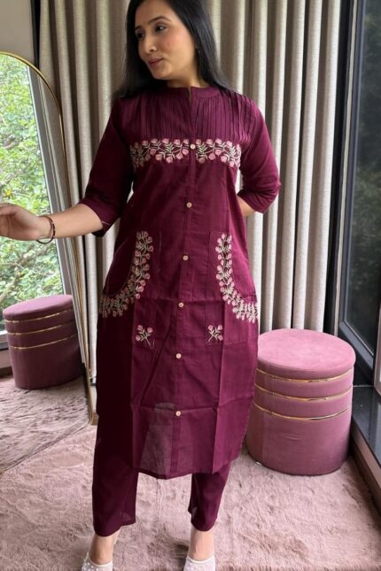 Premium Maroon Embroidered Straight Kurta Pant Set for Women