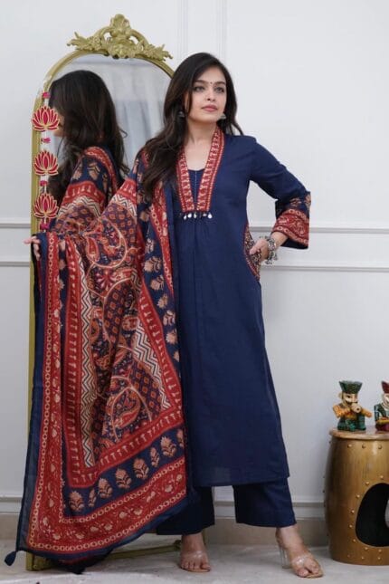Navy Cotton Mirror Embroidered Suit Set
